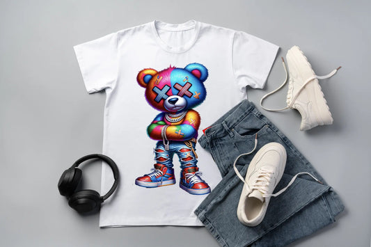 White bear graphic cotton t-shirt laid flat on surface.